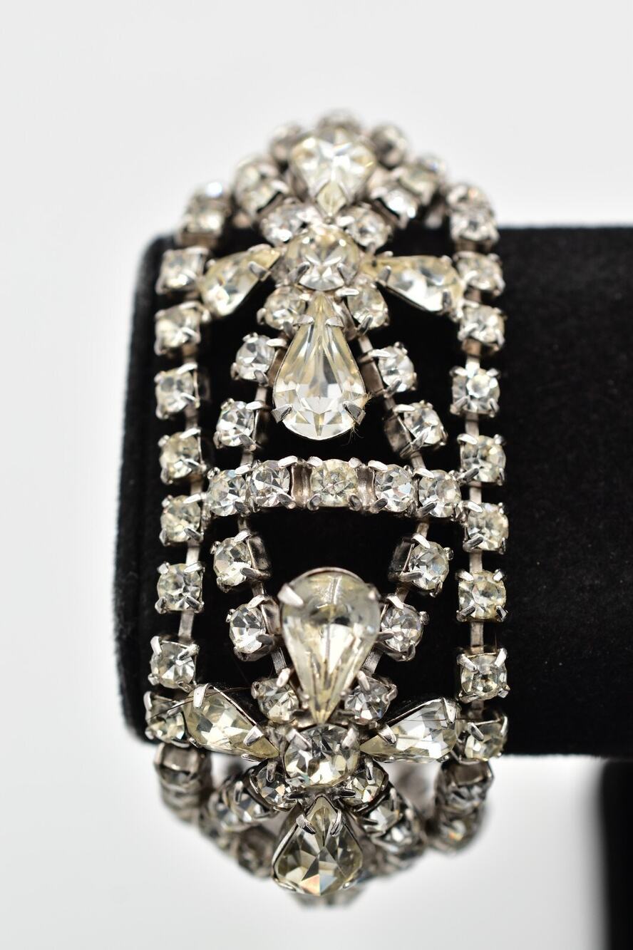 Vintage 7.25" Crystal Bracelet Prong Silver Tone Wedding Bridal Ice 1960s BinO